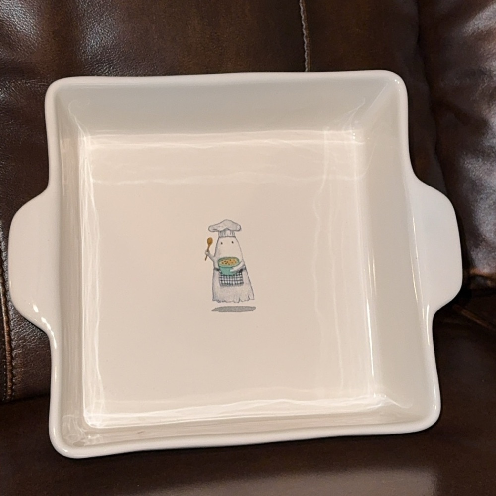 NWT Rae Dunn Pink Ceramic Square Baking Dish for Halloween/Ghosts BAKER BOO